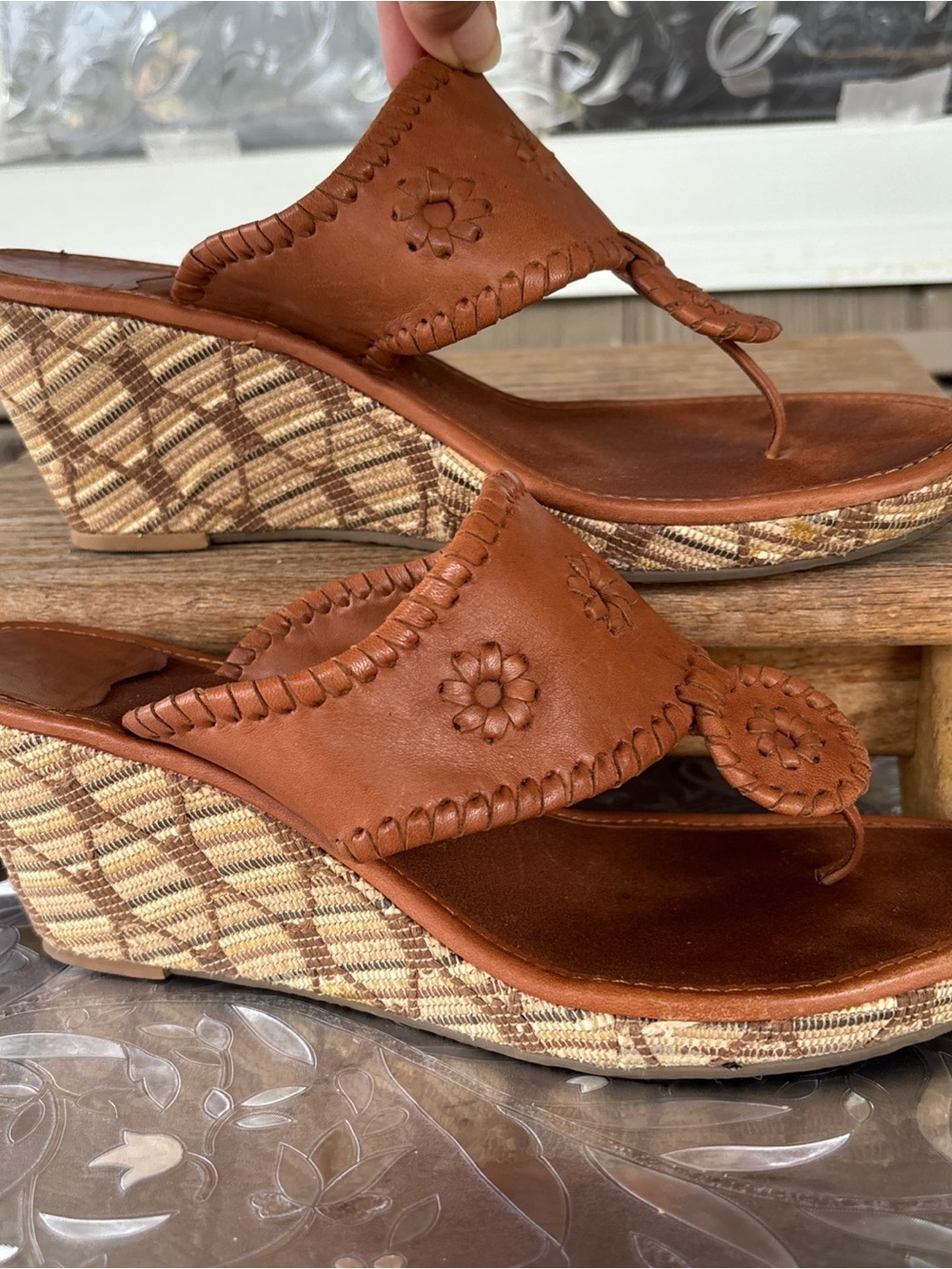 Jack Rogers Cognac Leather Wedge Thong Sandals Women’s 10